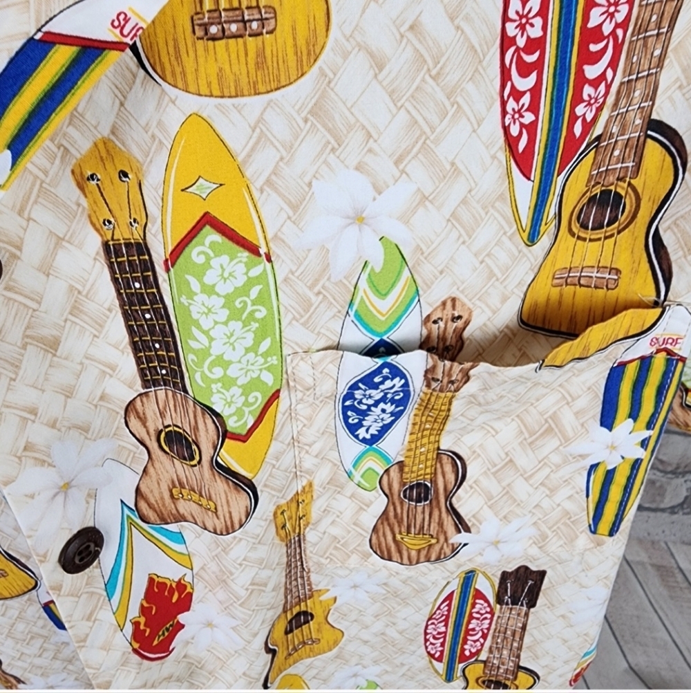 Vintage Hawaiian Camp Shirt Button Front Ukulele Surfboard Cream Size XXL - Picture 6 of 12